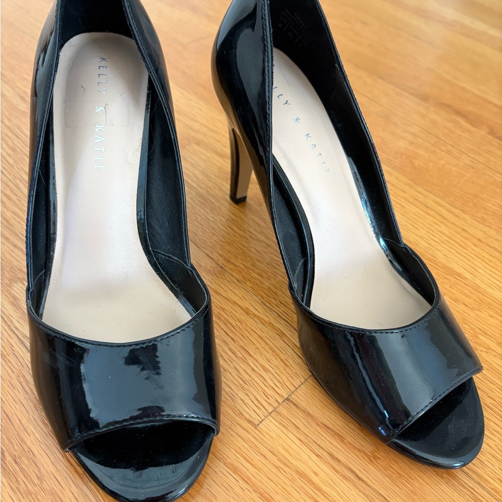 Kelly & Katie Glossy Black Peep Toe Heels